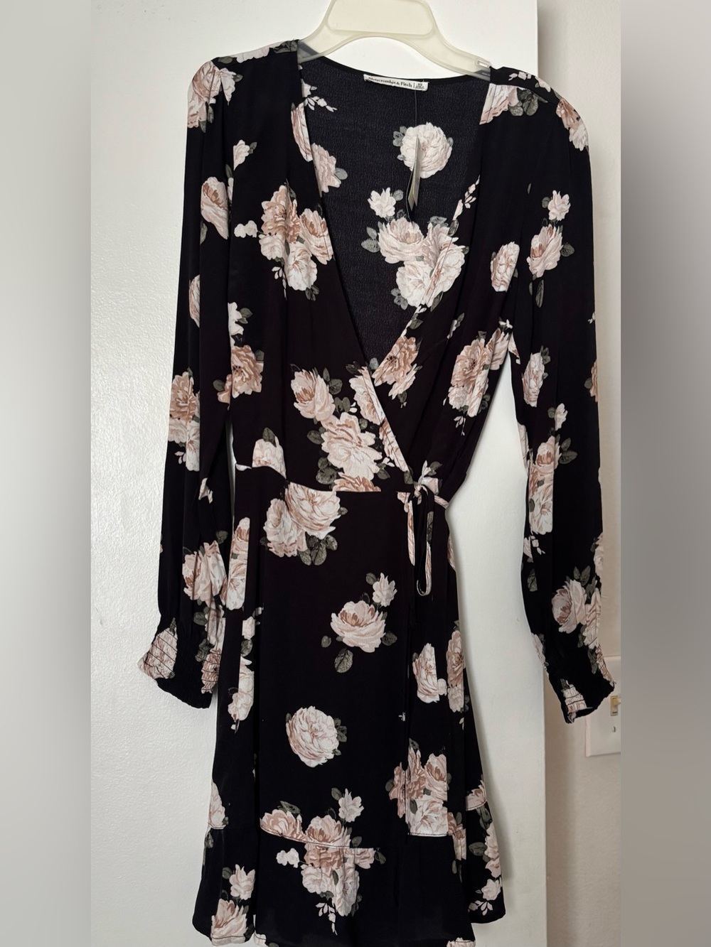 Abercrombie & Fitch Black Floral Wrap Dress with Blush Blooms
